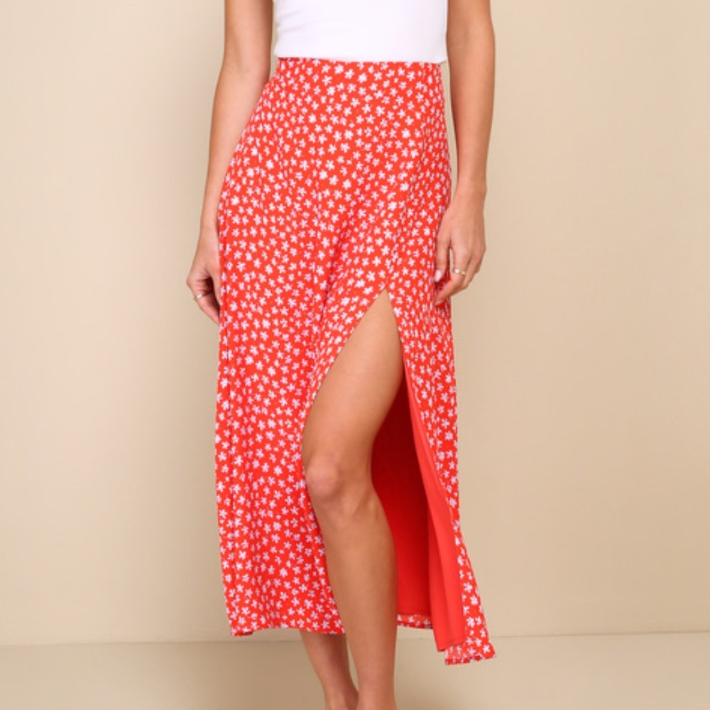 Lulus Red Floral Print High-rise Midi Skirt - Size XS